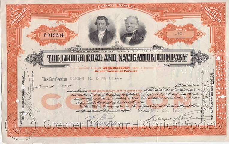 Lehigh Coal and Navigation Company Stock Certificate (1937), Mike Savokinas Collection (0000.1.1014), Greater Pittston Historical Society, Pittston, PA. 