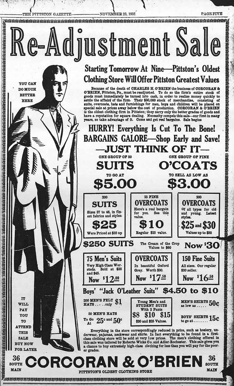 Advertisement for Corcoran & O’Brien, from The Pittston Gazette, November 23, 1931